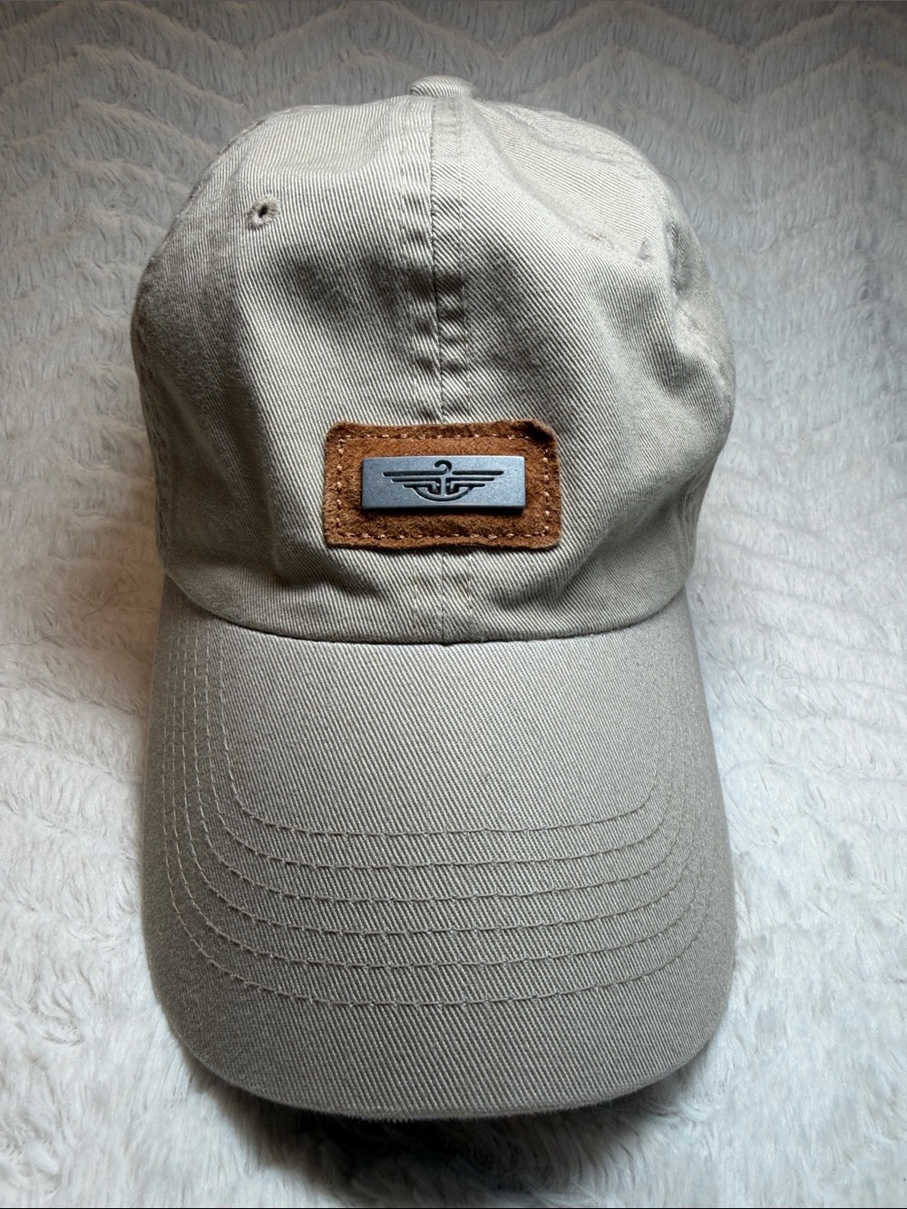 Dockers Tan Casual Baseball Cap with Leather/ Metal Logo Patch, Buckle Back.